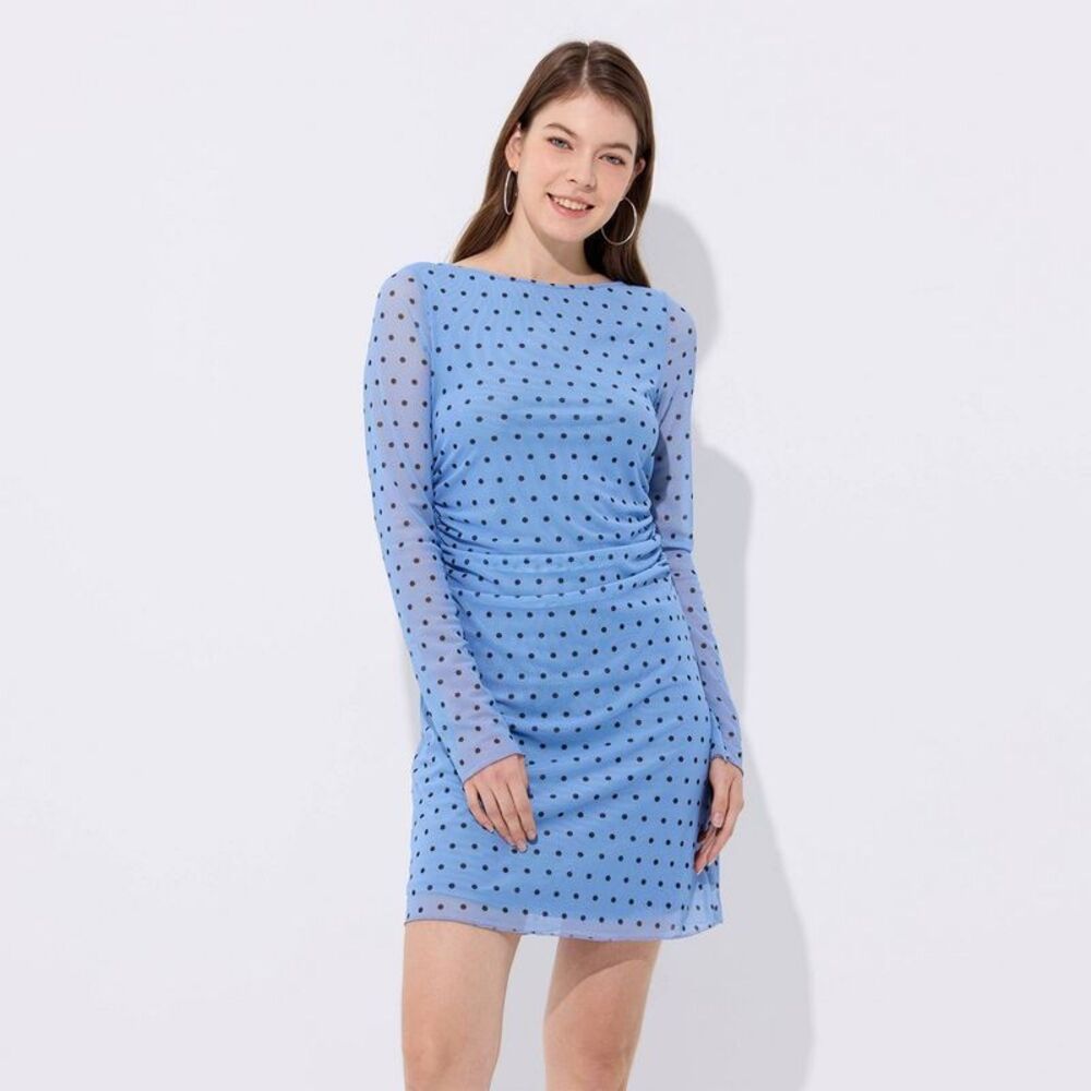 Women's Long Sleeve Lined Mini Skater Dress - Wild Fable Blue Polka Dots M